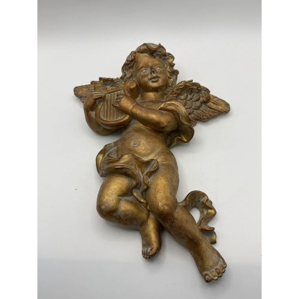Vintage Angelico Renaissance Angel Collection Gold Cherub Lyre Wall Plaque Decor